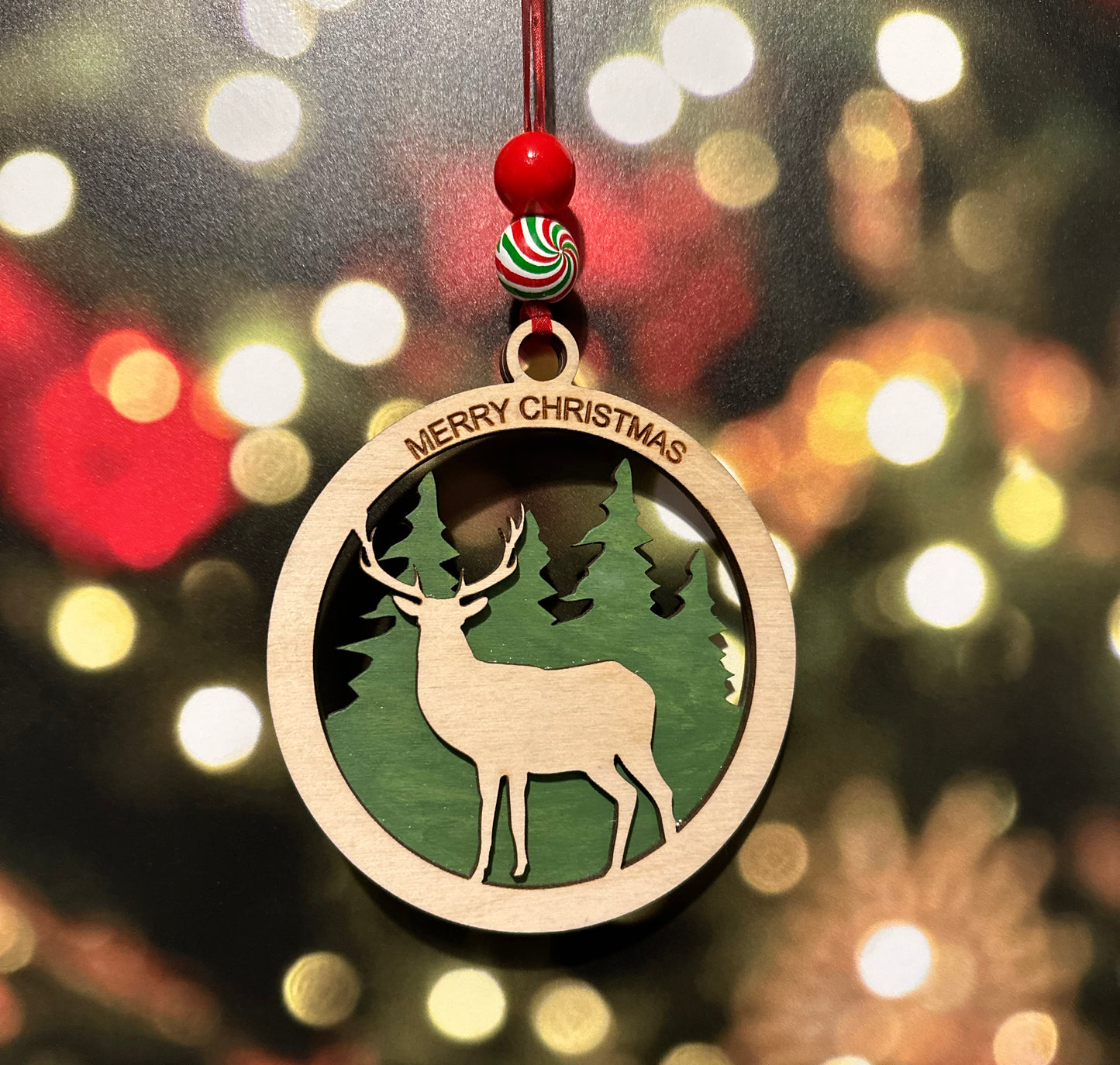 Majestic Wooden Stag Ornament with Mountains