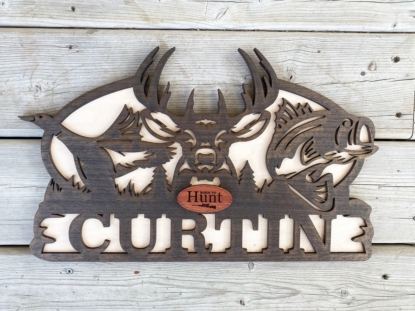 Small and Medium Hunting Decor sign with backer and Born to Hunt Badge. Duck-Deer-Bass