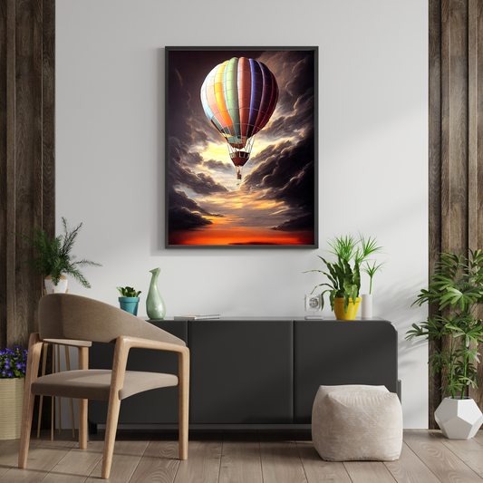 Hot Air Balloon ascending into dark clouds, Drawing, Mixed Media, AI, Instant Download, Digital File( PNG - 300 DPI)