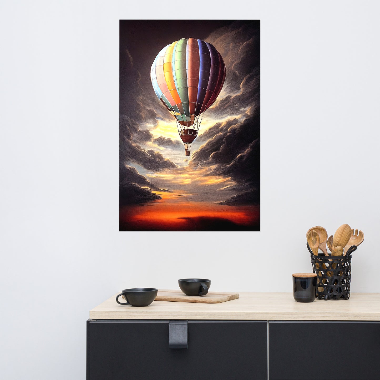 Hot Air Balloon ascending into dark clouds, Drawing, Mixed Media, AI, Instant Download, Digital File( PNG - 300 DPI)