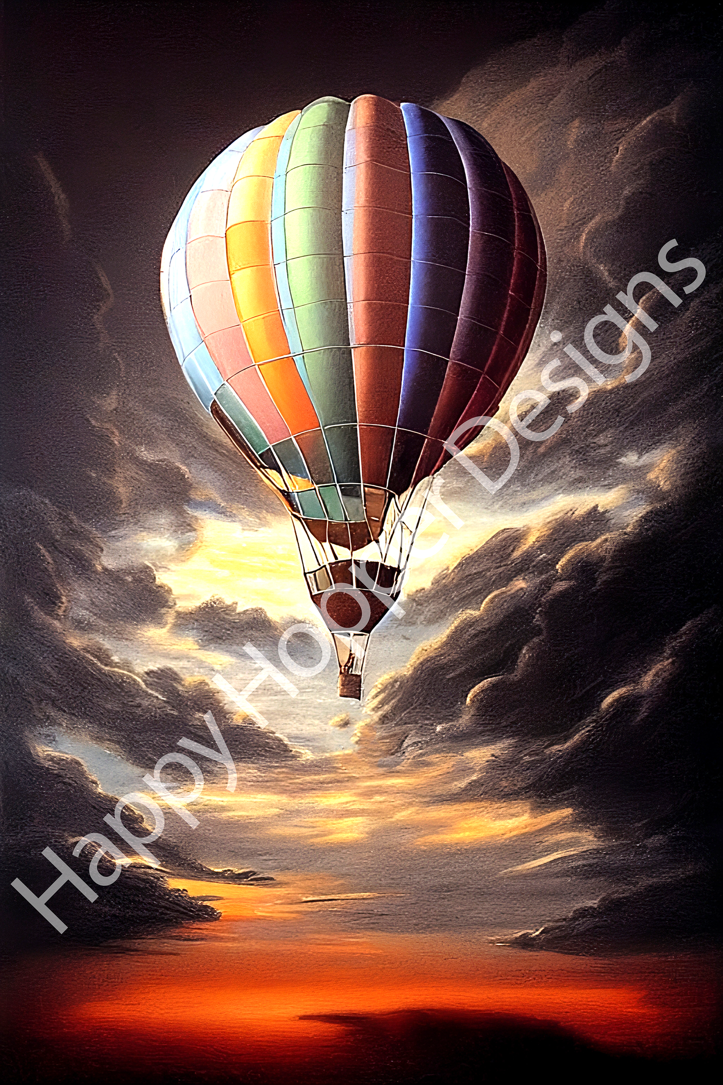 Hot Air Balloon ascending into dark clouds, Drawing, Mixed Media, AI, Instant Download, Digital File( PNG - 300 DPI)